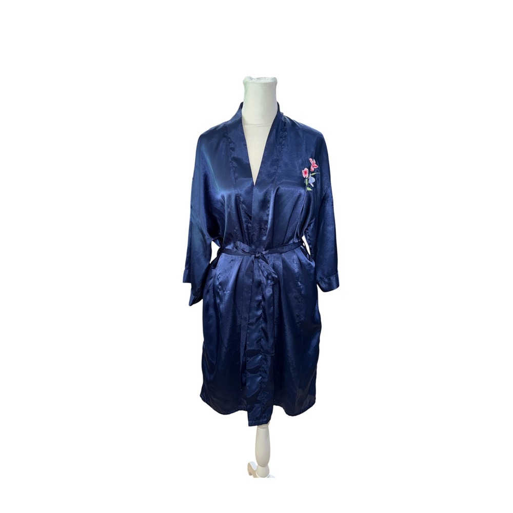 Vintage Navy Blue Satin Floral Embroidered Wrap Robe with Belt Loungewear
